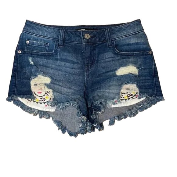 HARPER Embroidered Cut Off Distressed Denim Shorts - 25 - Picture 1 of 6